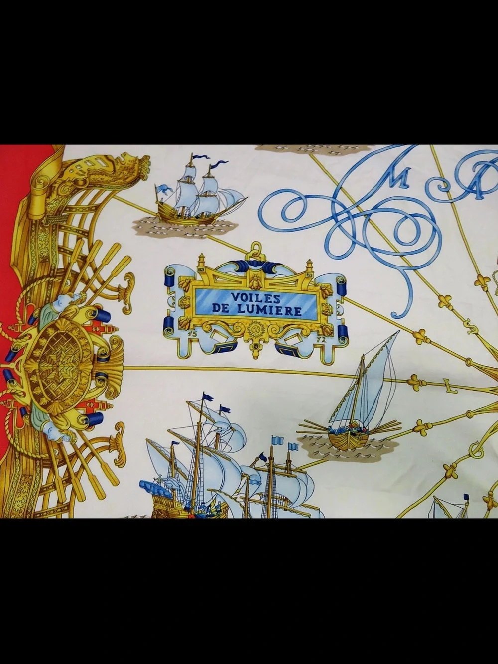 Hermes Silk Scarf Red, Cream, Gold, Blue